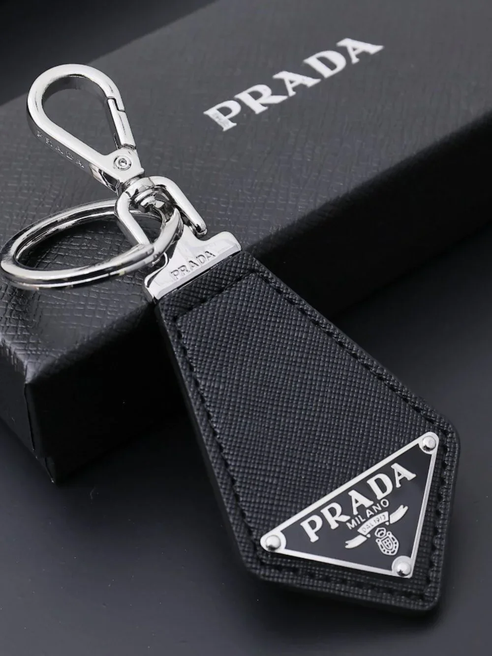 ✨ Prada Black Triangle Logo Leather Keychain
